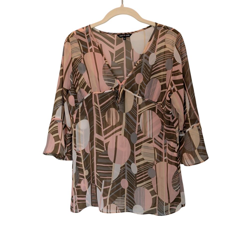 Vtg Y2K Trois La Paix Sz 9 Geometric Babydoll Pink Brown Sheer Top Gilmore Girls